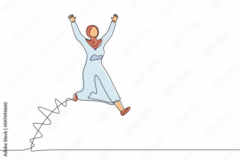 Single continuous line drawing happy Arab businesswoman jump with both hands raised. Saleswoman celebrates salary increase and benefits from company. One line draw graphic design vector illustration Single continuous line drawing happy Arab businesswoman jump with both hands raised. Saleswoman celebrates salary increase and benefits from company. One line draw graphic design vector illustration