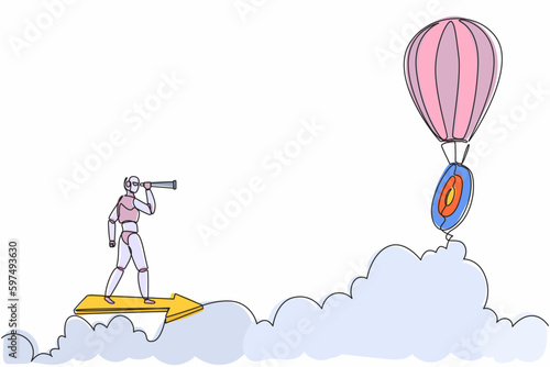 Continuous one line drawing robots ride arrow and looking with monocular air hot balloon target. Humanoid robot cybernetic organism. Future robotics development. Single line draw design vector graphic