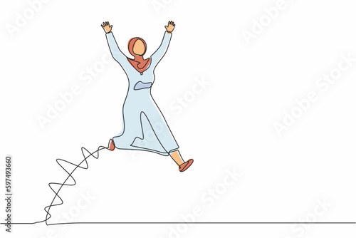 Single continuous line drawing happy Arab businesswoman jump with both hands raised. Saleswoman celebrates salary increase and benefits from company. One line draw graphic design vector illustration