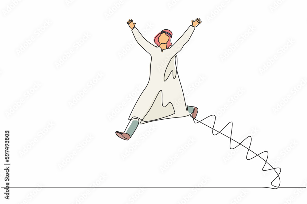 Single continuous line drawing happy Arabian businessman jump with both hands raised. Salesman celebrates salary increase and benefits from company. One line draw graphic design vector illustration