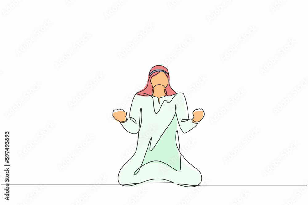 Continuous one line drawing happy Arab businessman kneeling with both hands do gesture yes. Male manager celebrating success of increasing company product sales. Single line draw design vector graphic