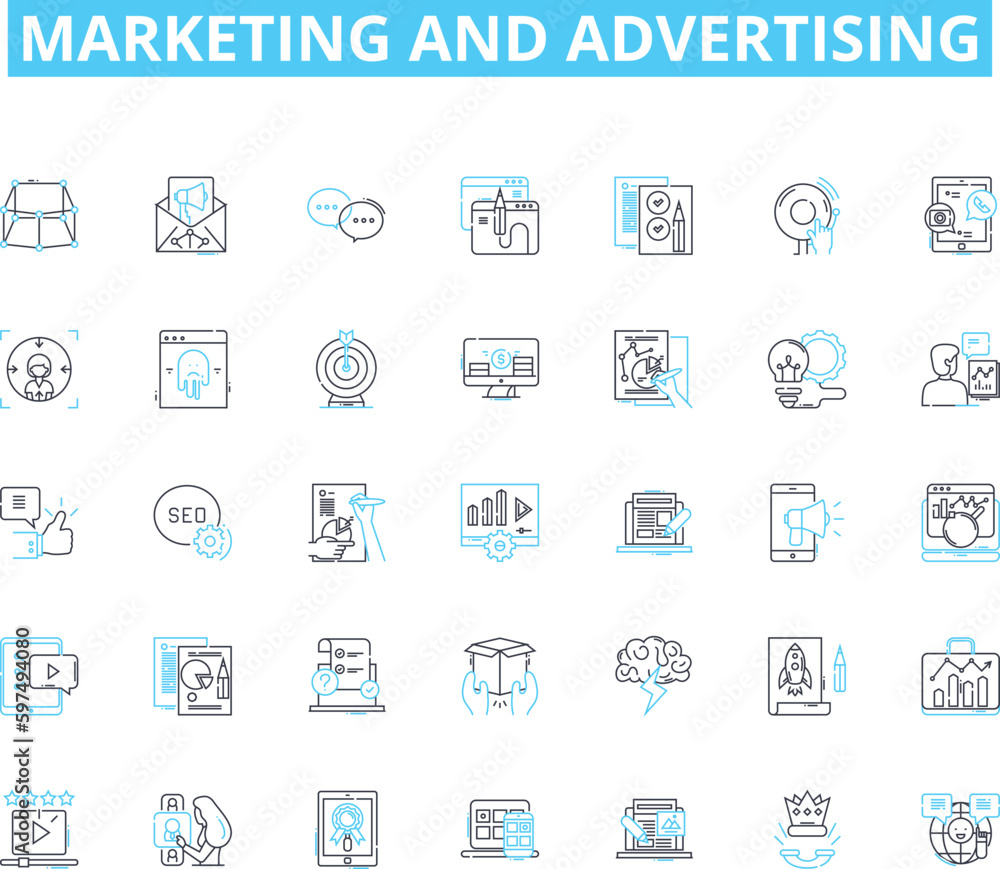 Marketing and advertising linear icons set. Branding, Promotion, Market research, Campaigns, Targeting, Analytics, Strategy line vector and concept signs. Messaging,Media,Sales outline illustrations