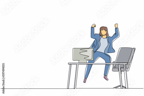 Continuous one line drawing happy businesswoman jump with raised hands on her workplace. Female manager celebrating success of increasing company product sales. Single line draw design vector graphic