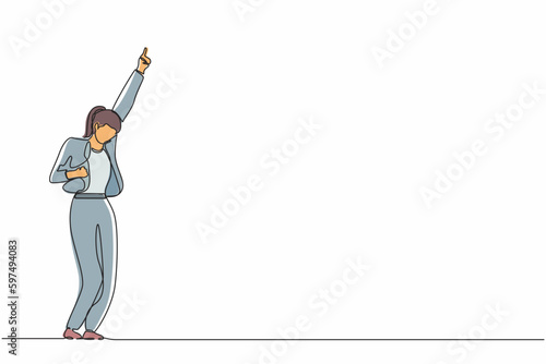 Single continuous line drawing happy businesswoman standing with raise one hand and the other hand pose yes. Office worker celebrate success of company project. One line draw graphic design vector