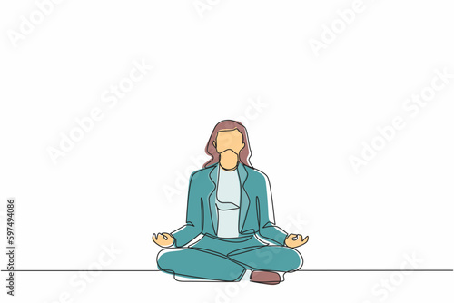 Continuous one line drawing young businesswoman doing yoga. Office worker sitting in yoga pose, meditation, relaxing, calm down and manage stress. Single line draw design vector graphic illustration