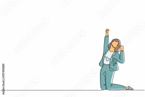 Single continuous line drawing happy businesswoman kneeling with raised one hand high and raised the other. Saleswoman celebrates salary increase from company. One line draw design vector illustration