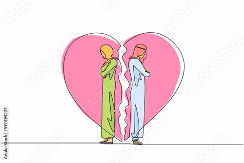 Continuous one line drawing unhappy Arab couple standing arms crossed. Family conflict. Break up relationship. Married couple man woman angry, sad against broken heart. Single line draw design vector