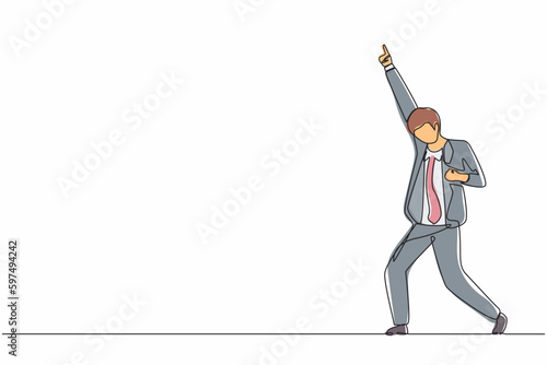 Continuous one line drawing happy businessman standing with raise one hand and the other hand pose yes. Office worker celebrate success of company project. Single line draw design vector illustration