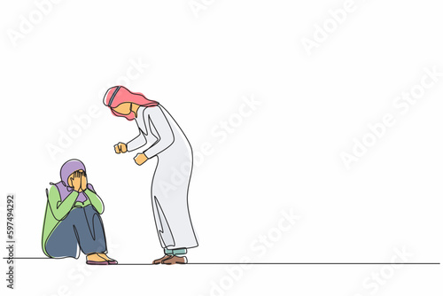 Continuous one line drawing scared Arab female afraid of husband, domestic violence. Man beating wife, quarreling couple. Emotional personages arguing. Single line design vector graphic illustration