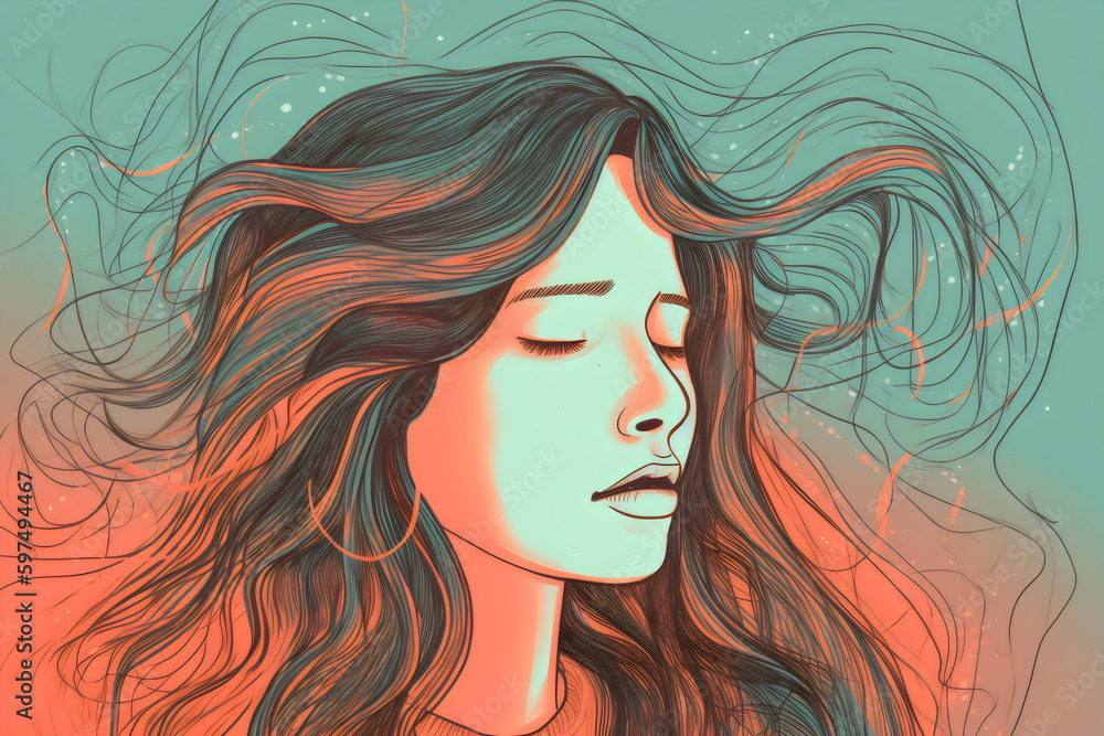 illustration of worried woman in calm moment with closed eyes and wild hair, created with generative ai	