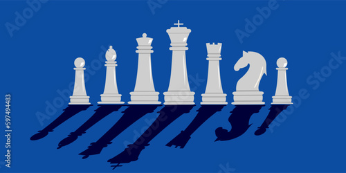 Chess pieces on a blue background with long shadows in a trendy style.