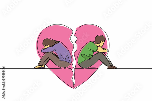 Single one line drawing couple of man and woman, sitting back to back, sad and angry on each other. Breaking up, relationship issues, broken heart, separating. Continuous line graphic design vector