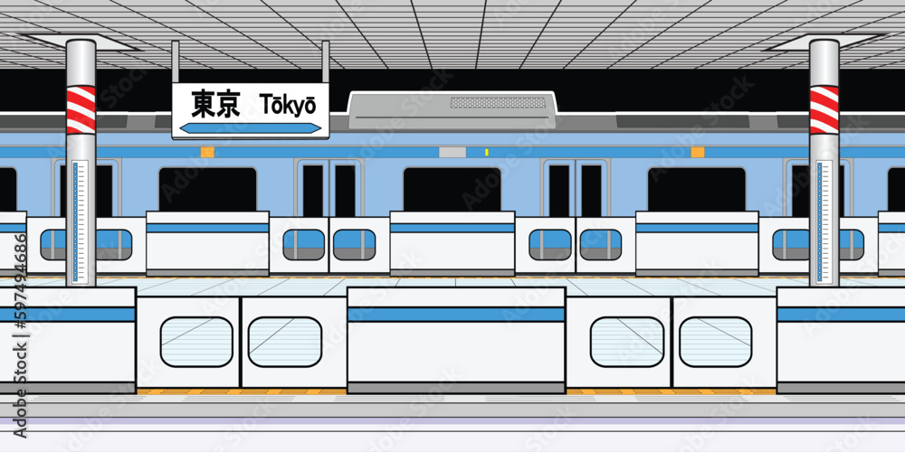 Japan railway or local train station platform with half height platform screen doors background with blue color passenger car train drawing in 3 dimensions view colorful vector Japan railway or local train station platform with half height platform screen doors background with blue color passenger car train drawing in 3 dimensions view colorful vector