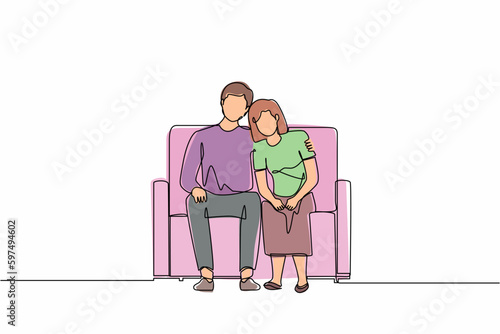 Single continuous line drawing man comforting sad woman. Male supporting female who is feeling emotional sad depressed. Husband embrace comforts his woman. One line graphic design vector illustration