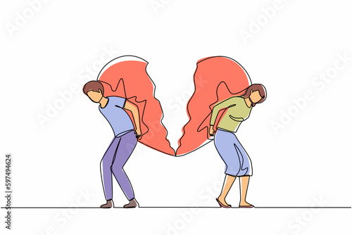 Single one line drawing broken heart carried by man and woman. Divorce heartache concept. Family conflict. Break up relationship. Married couple angry, sad. Continuous line draw design graphic vector