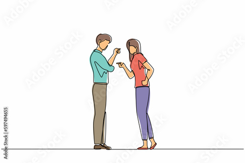 Continuous one line drawing angry aggressive couple man husband woman wife yelling and quarrelling together. Furious dispute discussion or disagreement. Single line design vector graphic illustration