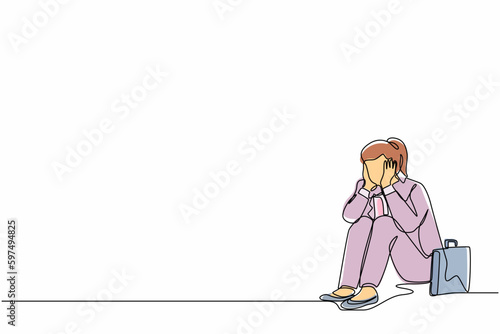 Single continuous line drawing sad businesswoman cover her face by hands and sitting on the floor. Depression disorder, sad, sorrow, disappointment symptom. One line draw design vector illustration