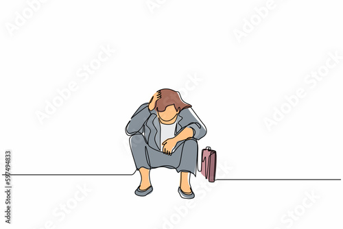 Single one line drawing businesswoman feeling sad, depression, holding head, and sitting on the floor. Frustrated worker mental health problems. Continuous line draw design graphic vector illustration