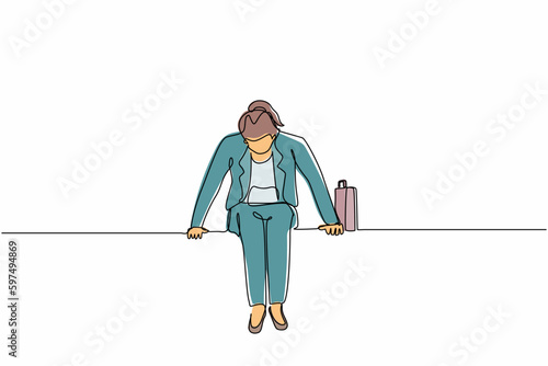 Single one line drawing sad businesswoman sits at bench alone. Woman suffering from depression, experience dismissal, gets into difficult life situation, despair. Continuous line design graphic vector