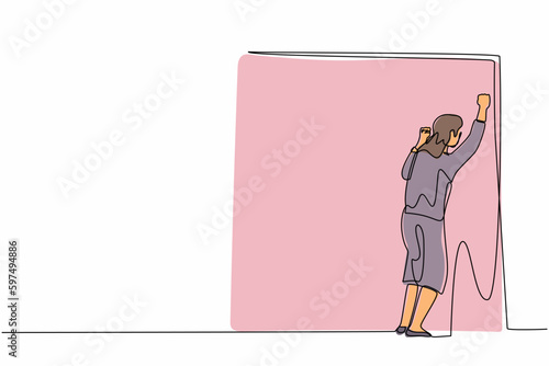 Continuous one line drawing businesswoman crying sad lost her opportunity. Depressed office worker wailing on wall losing her job. Depressive disorder, sorrow. Single line draw design vector graphic