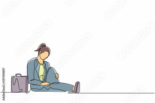Continuous one line drawing depressed businesswoman with briefcase sitting in despair on the floor. Entrepreneur sad gesture expression. Professional burnout syndrome. Single line draw design vector