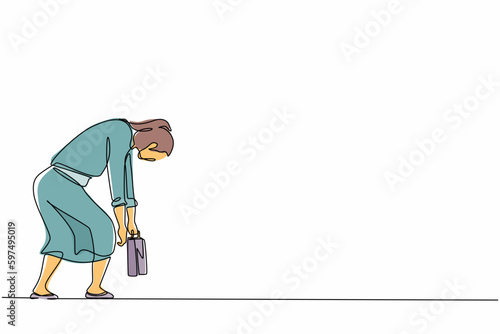 Single continuous line drawing sad businesswoman bowed down. Woman feeling lonely and having mental pressure or stress. Bankruptcy on global economic recession, failure. One line graphic design vector