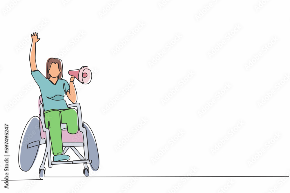Continuous one line drawing happy disability young woman in wheelchair celebrating winning of football team with megaphone. soccer fan wheelchair user. Single line draw design vector graphic Continuous one line drawing happy disability young woman in wheelchair celebrating winning of football team with megaphone. soccer fan wheelchair user. Single line draw design vector graphic