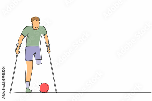 Single continuous line drawing disabled man with crutches playing football in stadium. Disability soccer athlete. Amputated sportsman playing on sport competition. One line draw graphic design vector