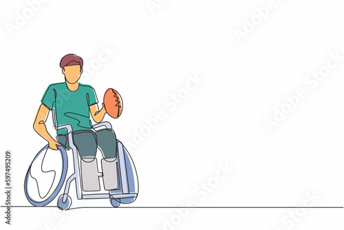 Single continuous line drawing American football player recovering from injury on wheelchair. man playing on sport competition. Athlete with physical disorder. One line graphic design vector