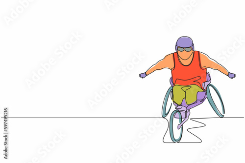 Continuous one line drawing disabled race male athlete wheelchair sport competition. Disability games championship. Hobbies and interests of people with disabilities. Single line draw design vector