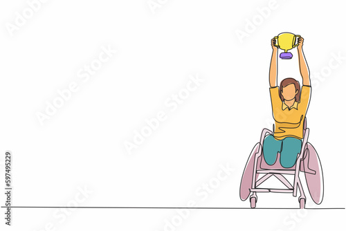 Single one line drawing disability woman in wheelchair hold golden cup trophy winner. . Game tournament, sport training, challenge. Continuous line design graphic vector