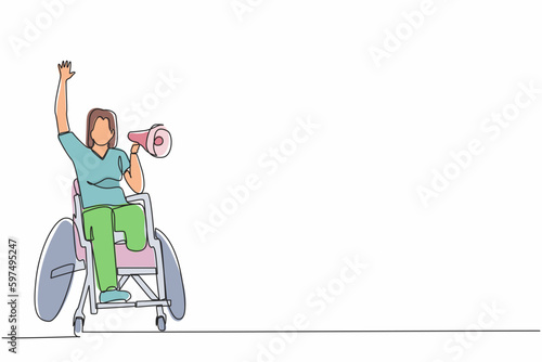 Continuous one line drawing happy disability young woman in wheelchair celebrating winning of football team with megaphone. soccer fan wheelchair user. Single line draw design vector graphic