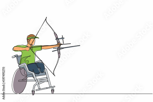 Continuous one line drawing disabled archer male athlete aiming with sports bow. Archery sport equipment for athletes. Disability archer man aiming an arrow. Single line draw design vector graphic