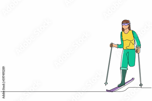 Continuous one line drawing female athlete skier without legs skiing in snow. sportswoman with skis and poles in glasses in winter. Sport, tournament. Single line draw design vector graphic