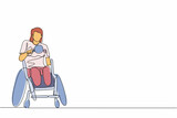 Single continuous line drawing sportswoman in wheelchair playing table tennis. Disability games championship. Hobbies and interests of people with disabilities. One line graphic design vector
