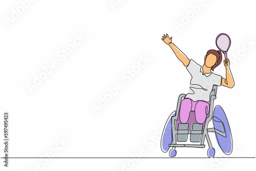 Single one line drawing badminton player sitting on wheelchair with smash pose. Disabled sportswomen wear uniform, amputee woman sport competition. Continuous line draw design graphic vector