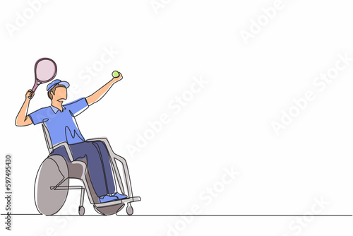 Single continuous line drawing male athlete with disability playing tennis sitting in wheelchair. sportsman holding racket and serve the ball. One line draw graphic design vector illustration