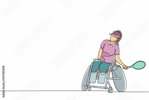 Continuous one line drawing sportswoman with wheelchair playing tennis. Concept of society, community of persons with disabilities. Hobbies, interests. Single line design vector graphic illustration