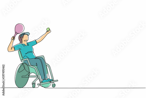 Continuous one line drawing female athlete with disability playing tennis sitting in wheelchair. sportswoman holding racket and serve the ball. Single line graphic design vector illustration