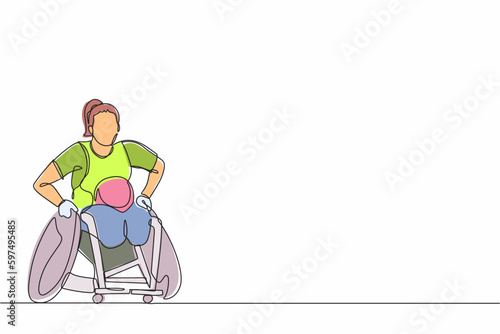 Single one line drawing disabled sportswoman play rugby on wheelchair sport competition. rugby player in wheelchair. Athlete with physical disorder. Continuous line draw design graphic vector photo