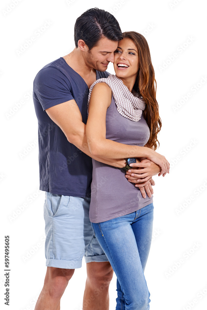 Love, hug and couple with a smile, relationship and bonding with care isolated against a transparent background. Partners, happy man and woman embrace, romance and marriage with png and quality time Love, hug and couple with a smile, relationship and bonding with care isolated against a transparent background. Partners, happy man and woman embrace, romance and marriage with png and quality time