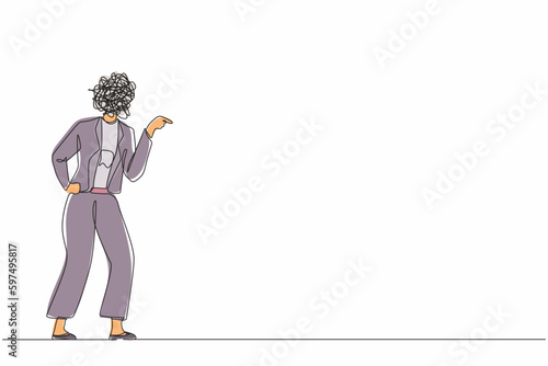 Continuous one line drawing businesswoman with round scribbles instead of head. Angry female arguing, conflicting. Quarrel, fight aggressive person. Blaming, criticizing. Single line design vector