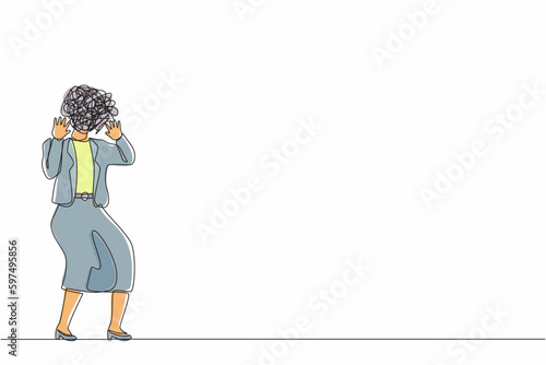 Single one line drawing businesswoman with round scribbles instead of head. Woman shocked. Stop gesture with palm hands, shouting. Human emotions, expressions. Continuous line design graphic vector