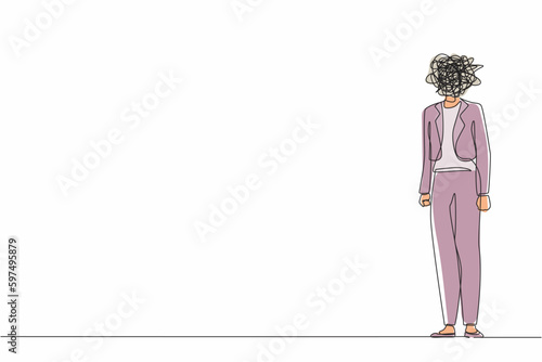 Continuous one line drawing businesswoman with round scribbles instead of head. Frustrated woman. Nervous problem, anxiety, confusion in thoughts. Mental disorder. Single line design vector graphic