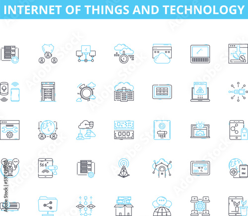 Internet of things and technology linear icons set. Connected, Smart, Automation, Sensors, Wireless, Data, Cloud line vector and concept signs. Analytics,Efficiency,Security outline illustrations