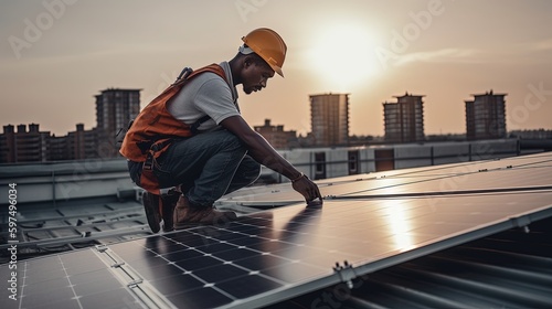 Handyman installing solar panels on the rooftop. Generative AI