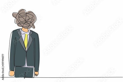 Single continuous line drawing businessman with round scribbles instead of head. Frustrated man. Anxiety, confusion in thoughts. Chaos in head. Confusing process. One line graphic design vector