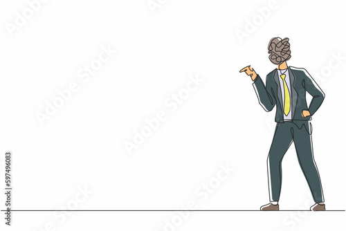Continuous one line drawing businessman with round scribbles instead of head. Angry male arguing, conflicting. Quarrel, fight aggressive person. Blaming, criticizing. Single line draw design vector
