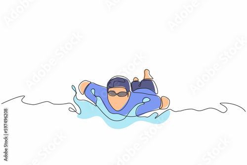 Single one line drawing young disabled person swim. Man in swimming suit without hand. Disabled sports. Healthy lifestyle. Active life with physical injury. Continuous line draw design graphic vector
