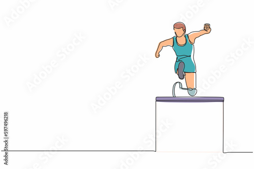 Continuous one line drawing front view amputated male athlete jumping, running over hurdle. Disabled event with hurdle race. Disability sport concept. Single line design vector graphic illustration